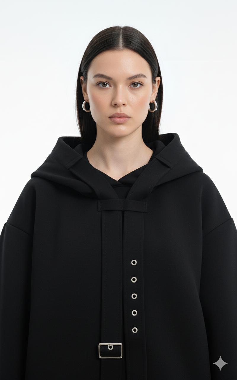 Sweat à Capuche Noir Structuré avec Sangle Métallique – DIFFERENT®