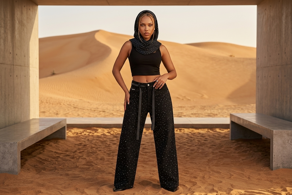 Look complet femme porté Look jean noir strass paris streetwear — DIFFERENT