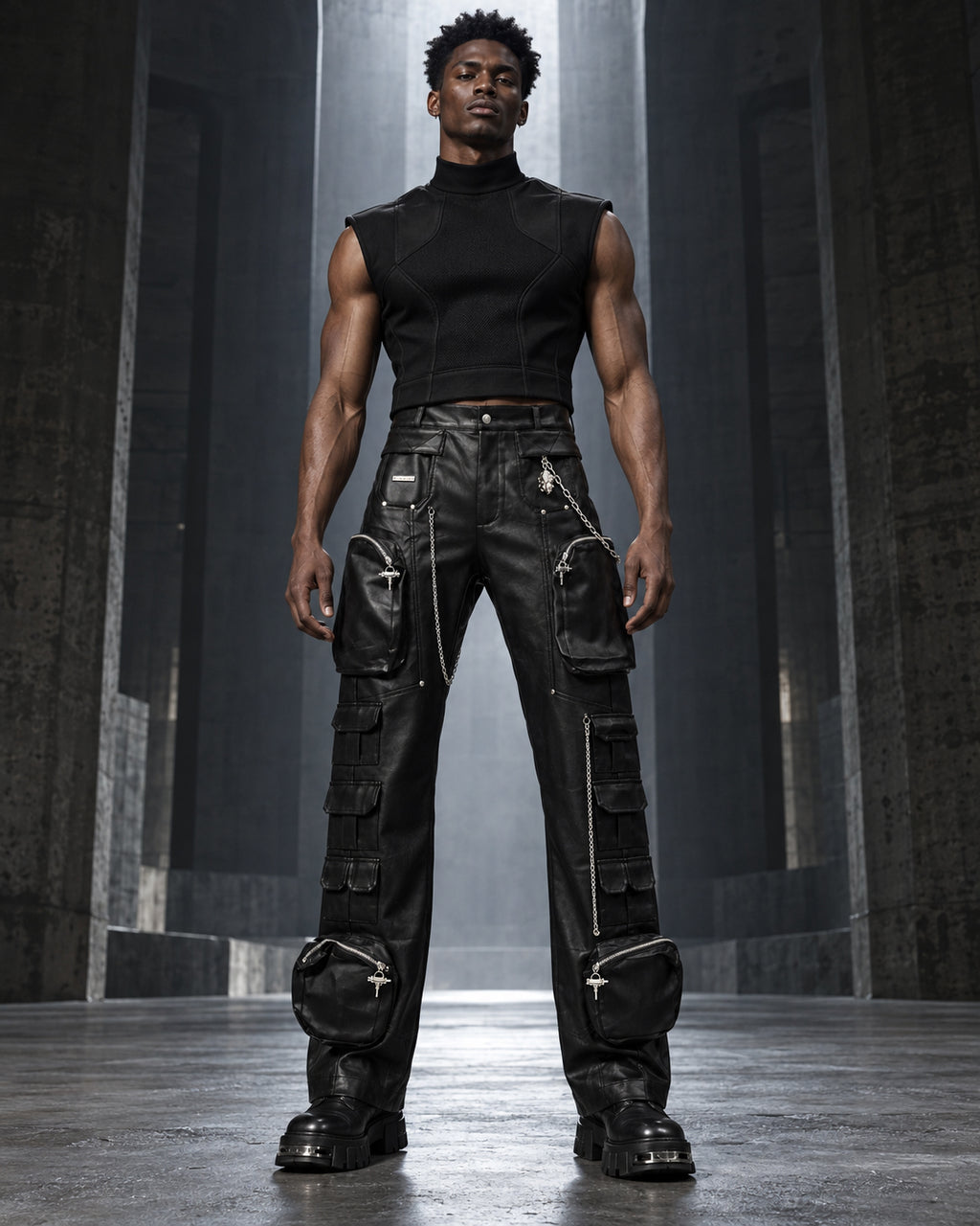 Homme portant le pantalon cargo noir en simili cuir à chaînes DIFFERENT avec débardeur col montant noir, vue de face – DIFFERENT Paris