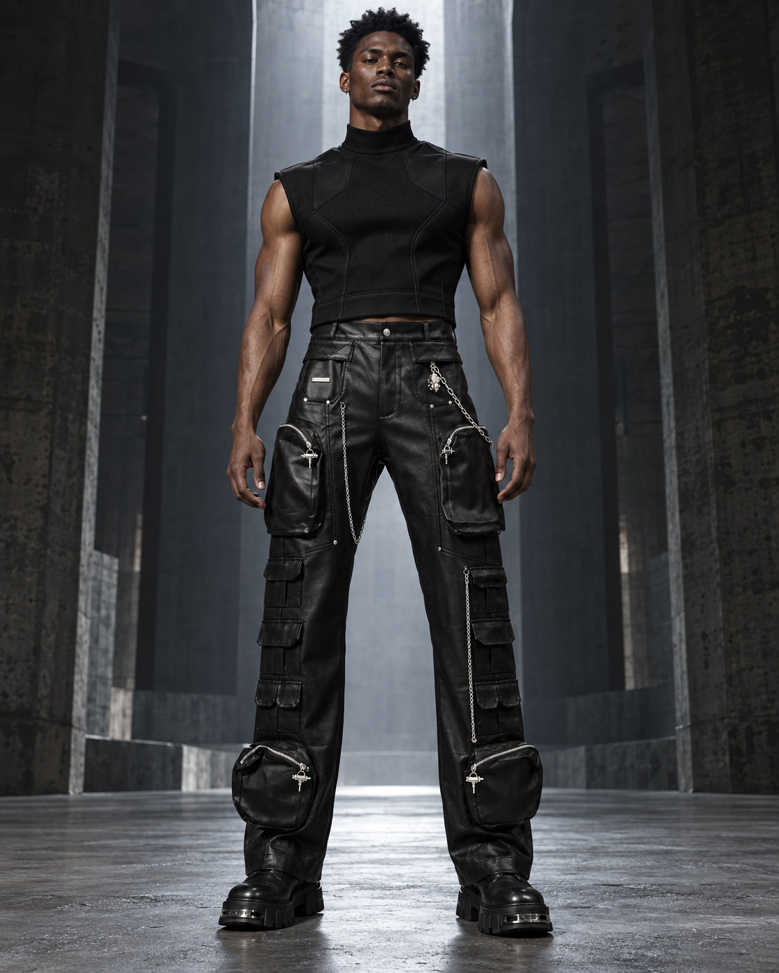 Homme portant le pantalon cargo noir en simili cuir à chaînes DIFFERENT avec débardeur col montant noir, vue de face – DIFFERENT Paris