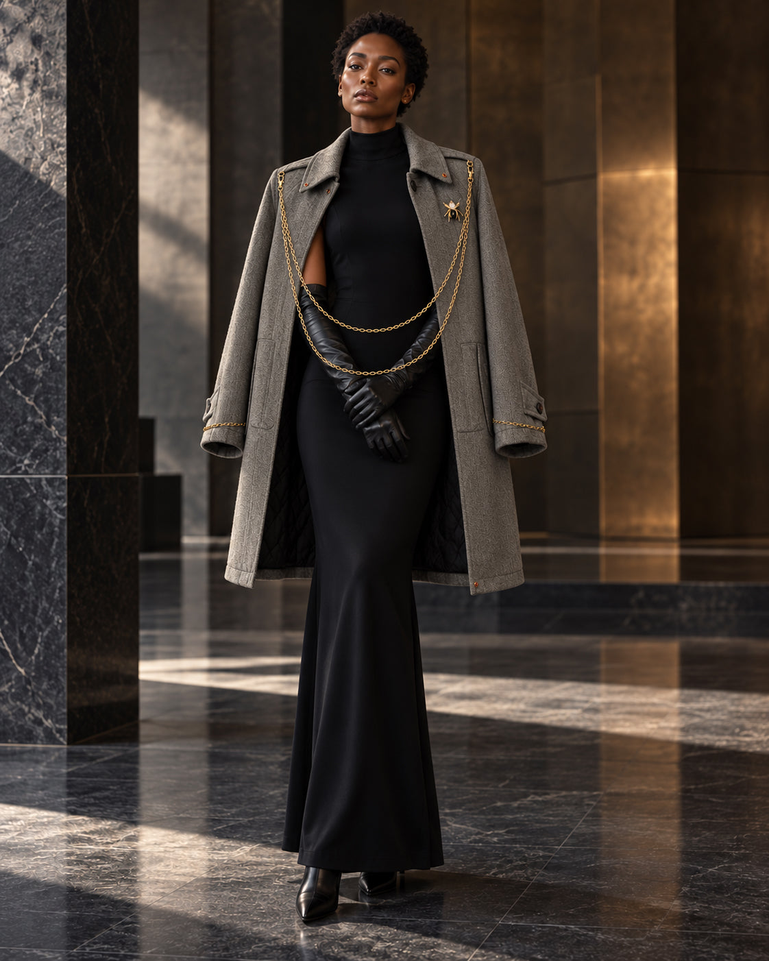 Femme portant le manteau long gris à chaînes dorées DIFFERENT sur les épaules, avec robe longue noire et gants en cuir – DIFFERENT Paris