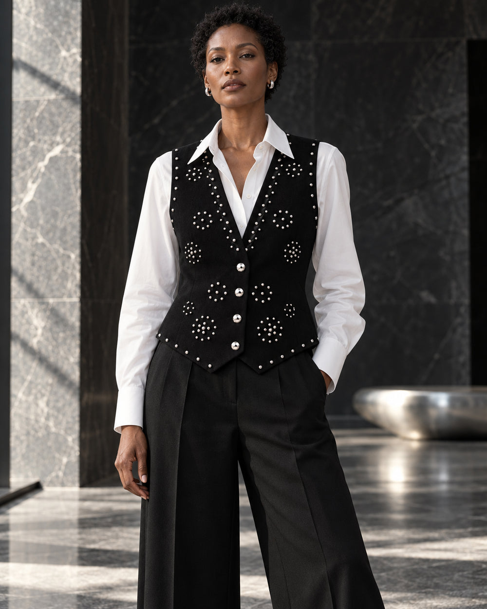 Structured Black Vest with Silver Studs and Diamonds
