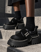 Chaussures à plateforme et chaînes DIFFERENT portées avec chaussettes noires, montée d'escalier en béton – DIFFERENT Paris