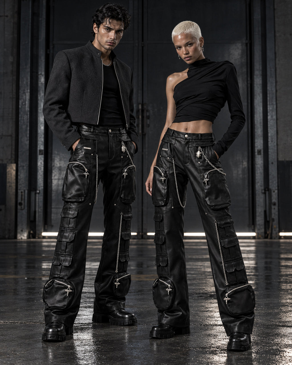Homme et femme portant le pantalon cargo noir en simili cuir à chaînes DIFFERENT, veste courte et crop top asymétrique – DIFFERENT Paris