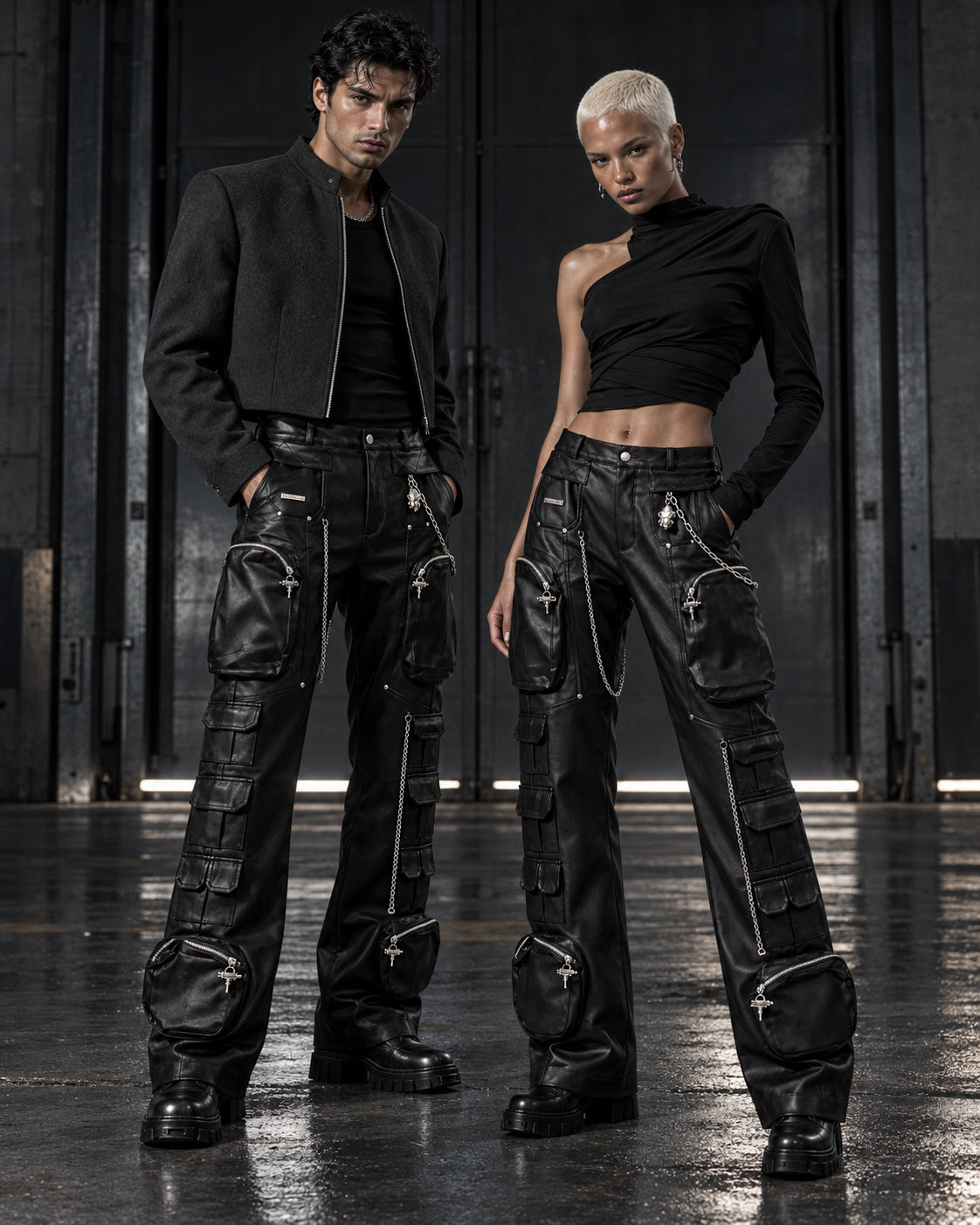 Homme et femme portant le pantalon cargo noir en simili cuir à chaînes DIFFERENT, veste courte et crop top asymétrique – DIFFERENT Paris