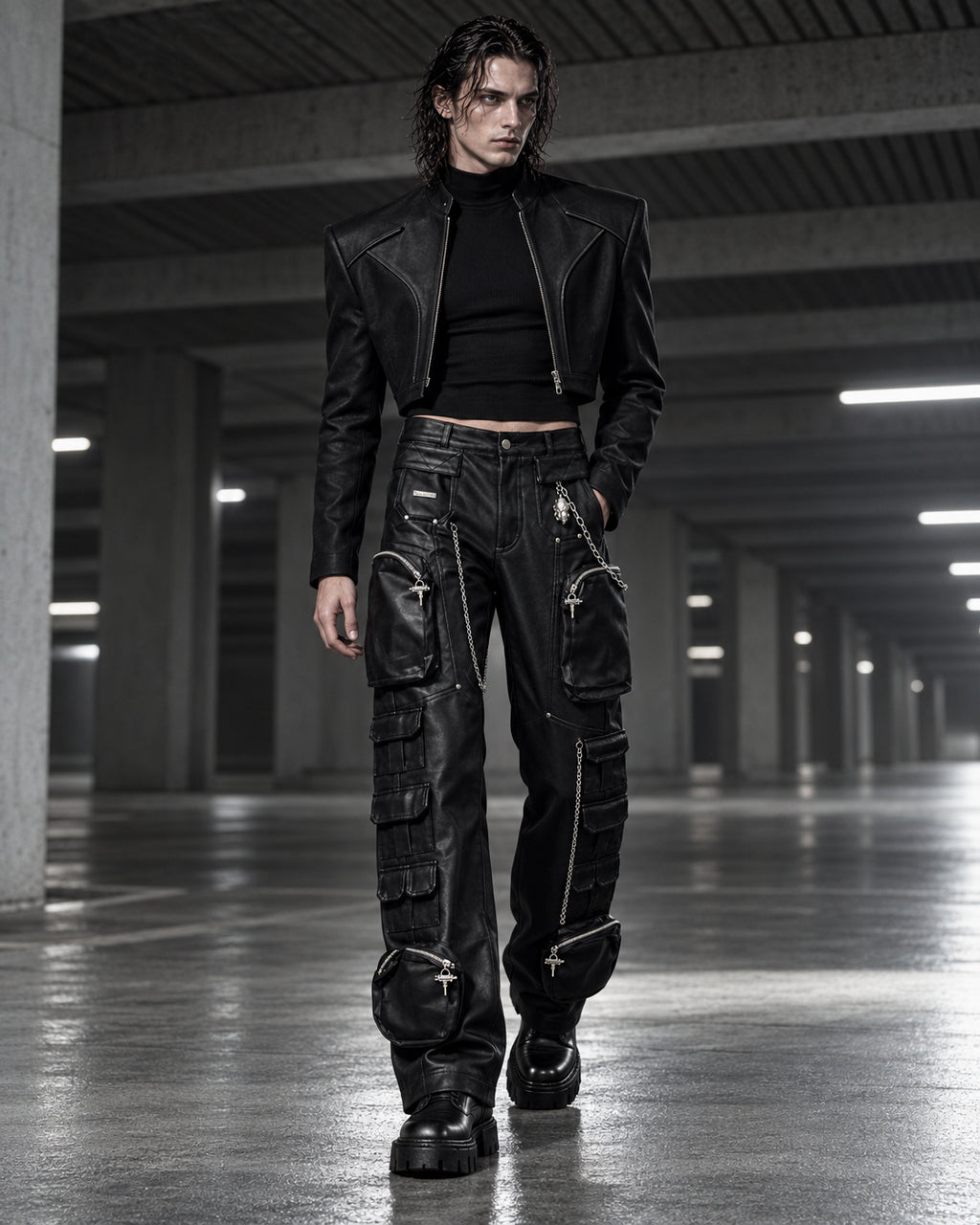Homme portant le pantalon cargo noir en simili cuir à chaînes DIFFERENT avec veste courte noire, dans un parking – DIFFERENT Paris