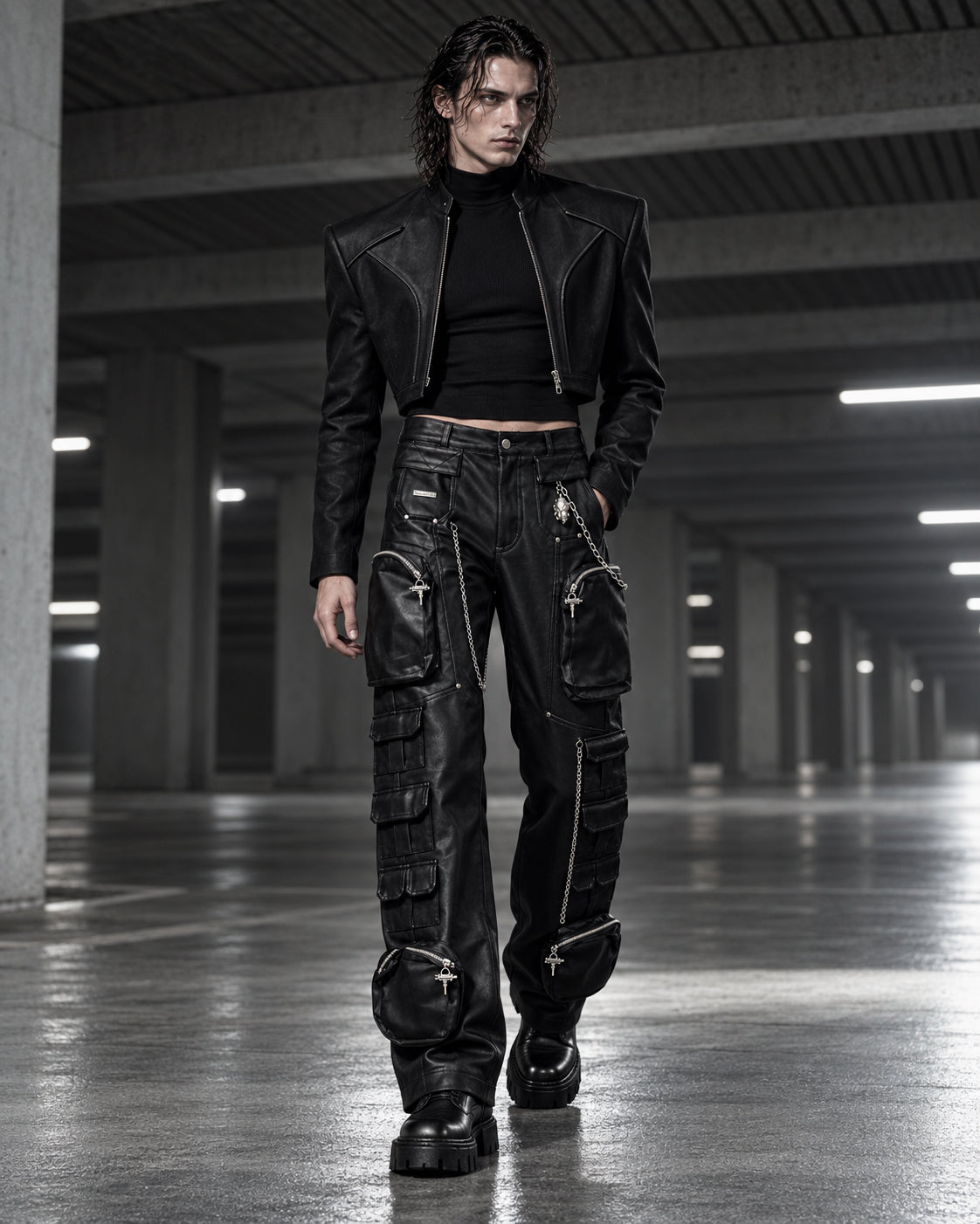 Homme portant le pantalon cargo noir en simili cuir à chaînes DIFFERENT avec veste courte noire, dans un parking – DIFFERENT Paris
