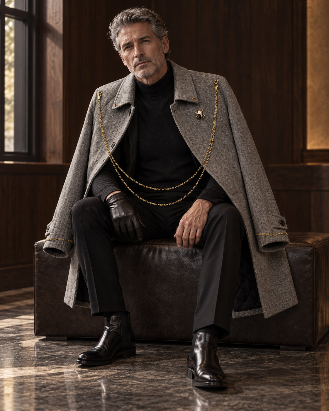 Homme assis portant le manteau long gris à chaînes dorées DIFFERENT avec gants en cuir, sur une banquette en cuir – DIFFERENT Paris
