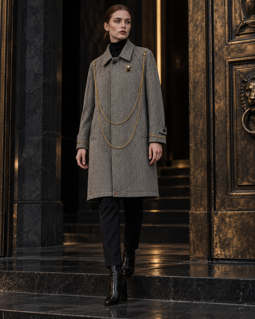 Femme portant le manteau long gris à chaînes dorées DIFFERENT fermé avec bottines noires, devant une porte en bronze – DIFFERENT Paris
