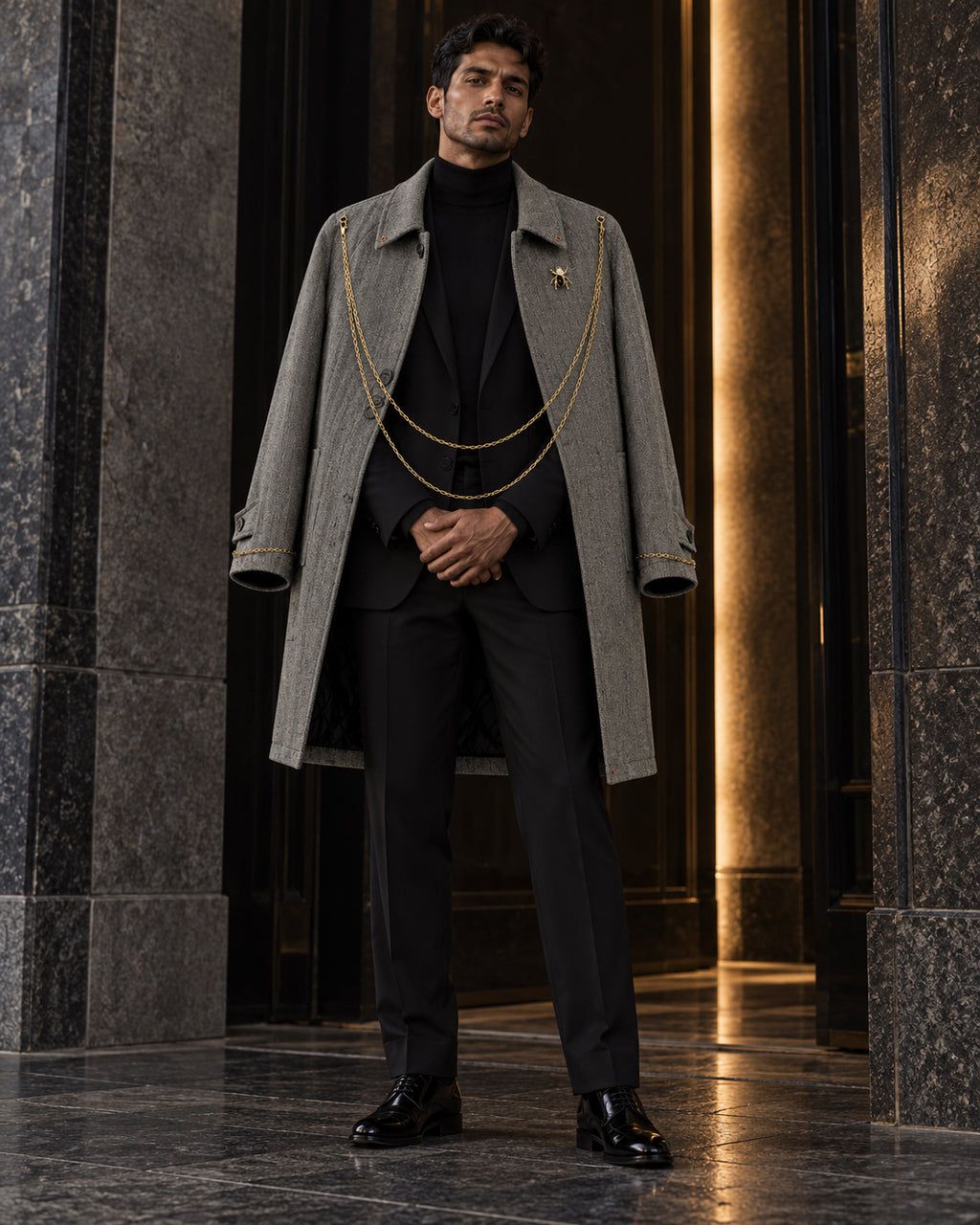 Homme portant le manteau long gris à chaînes dorées DIFFERENT ouvert sur un costume noir, dans un hall en marbre – DIFFERENT Paris