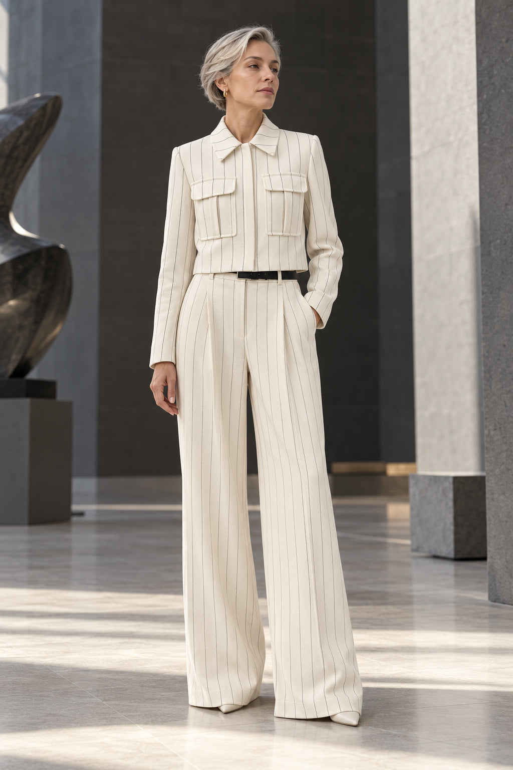 Veste courte blanche à fines rayures et pantalon jambe large, vue de face