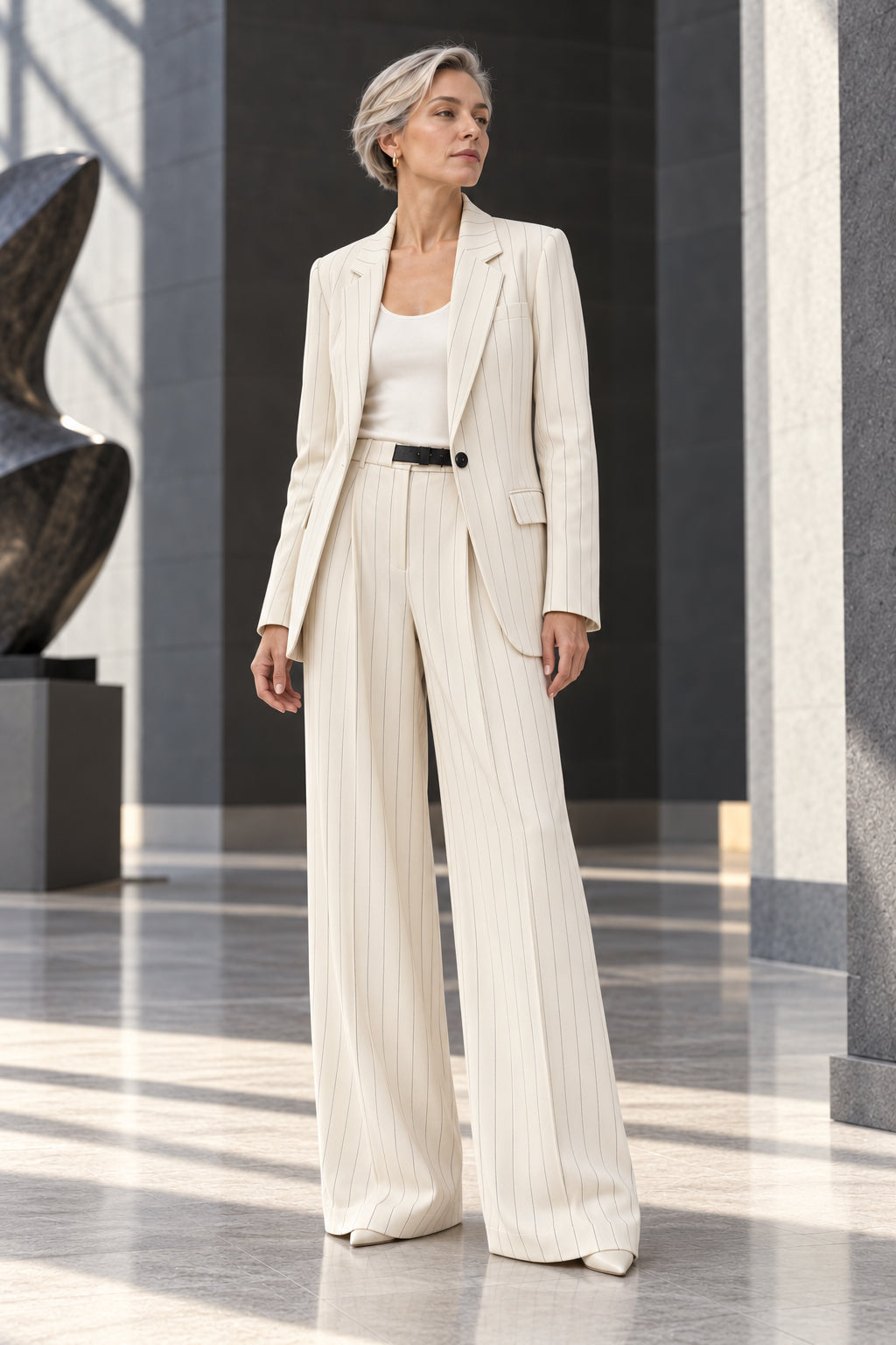 Veste longue ouverte et pantalon tailleur blanc à fines rayures, ceinture noire