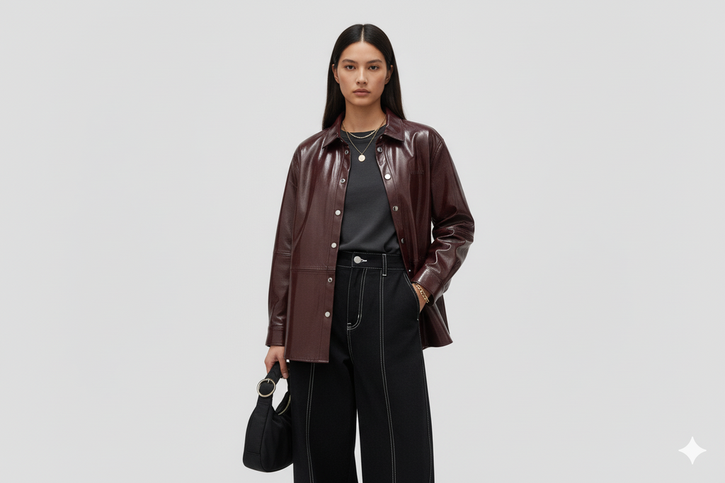 Vue de face Veste simili cuir bordeaux profil style parisien urbain — DIFFÉRENT