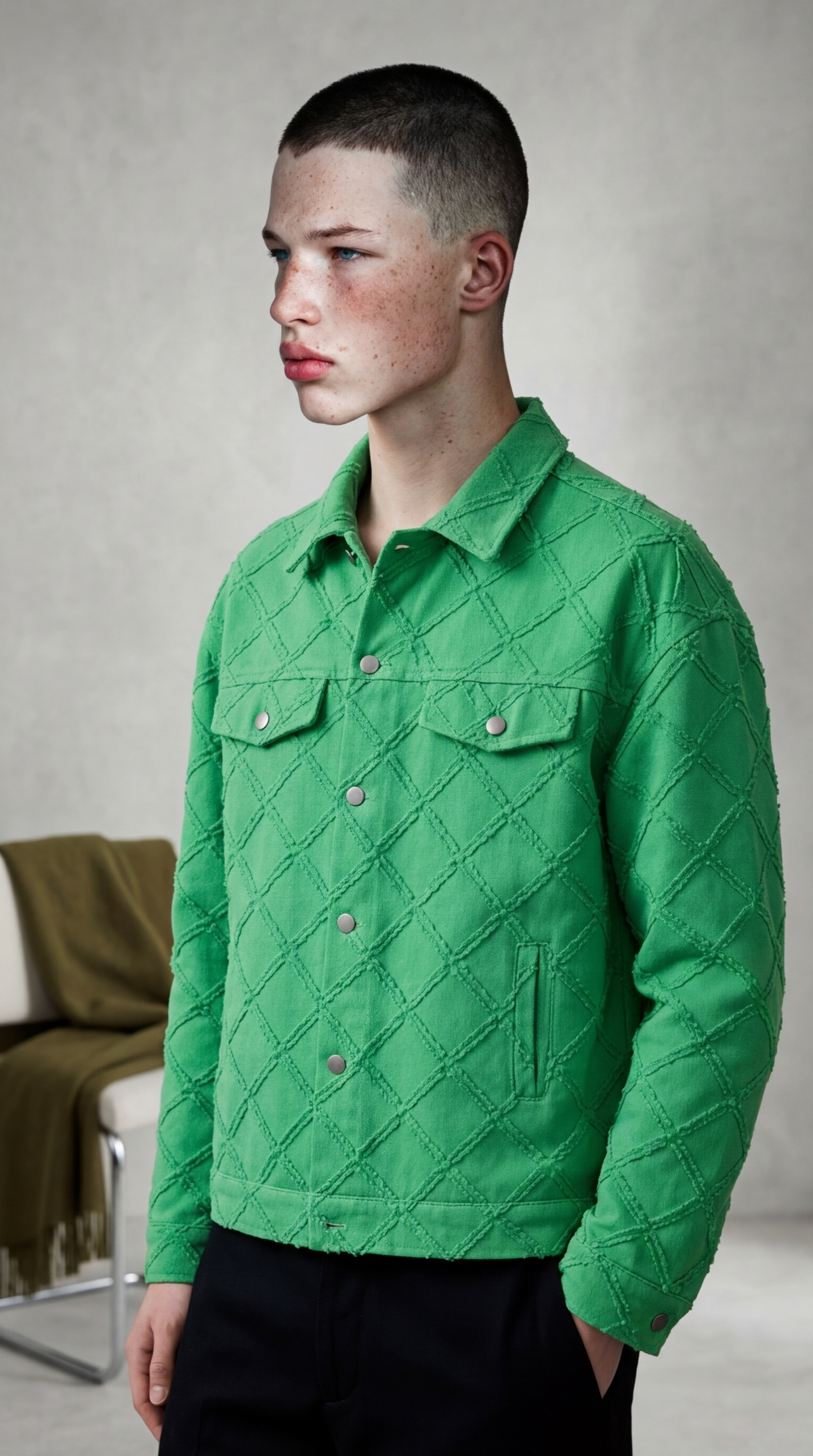 Look porté de profil Veste unisexe coupe structurée style urbain vert — DIFFÉRENT