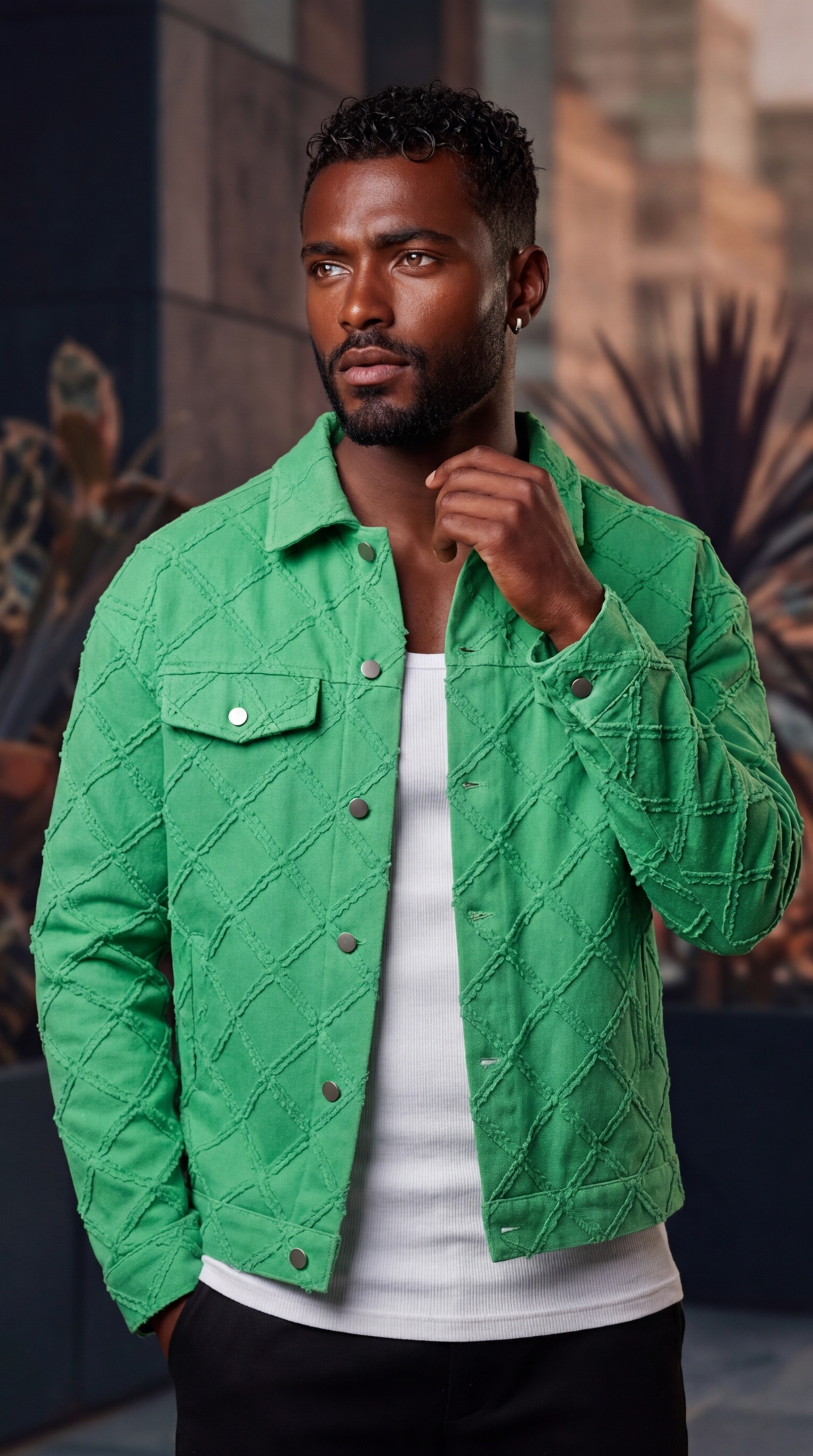 Look porté de profil Veste unisexe coupe structurée style urbain vert v2 — DIFFÉRENT