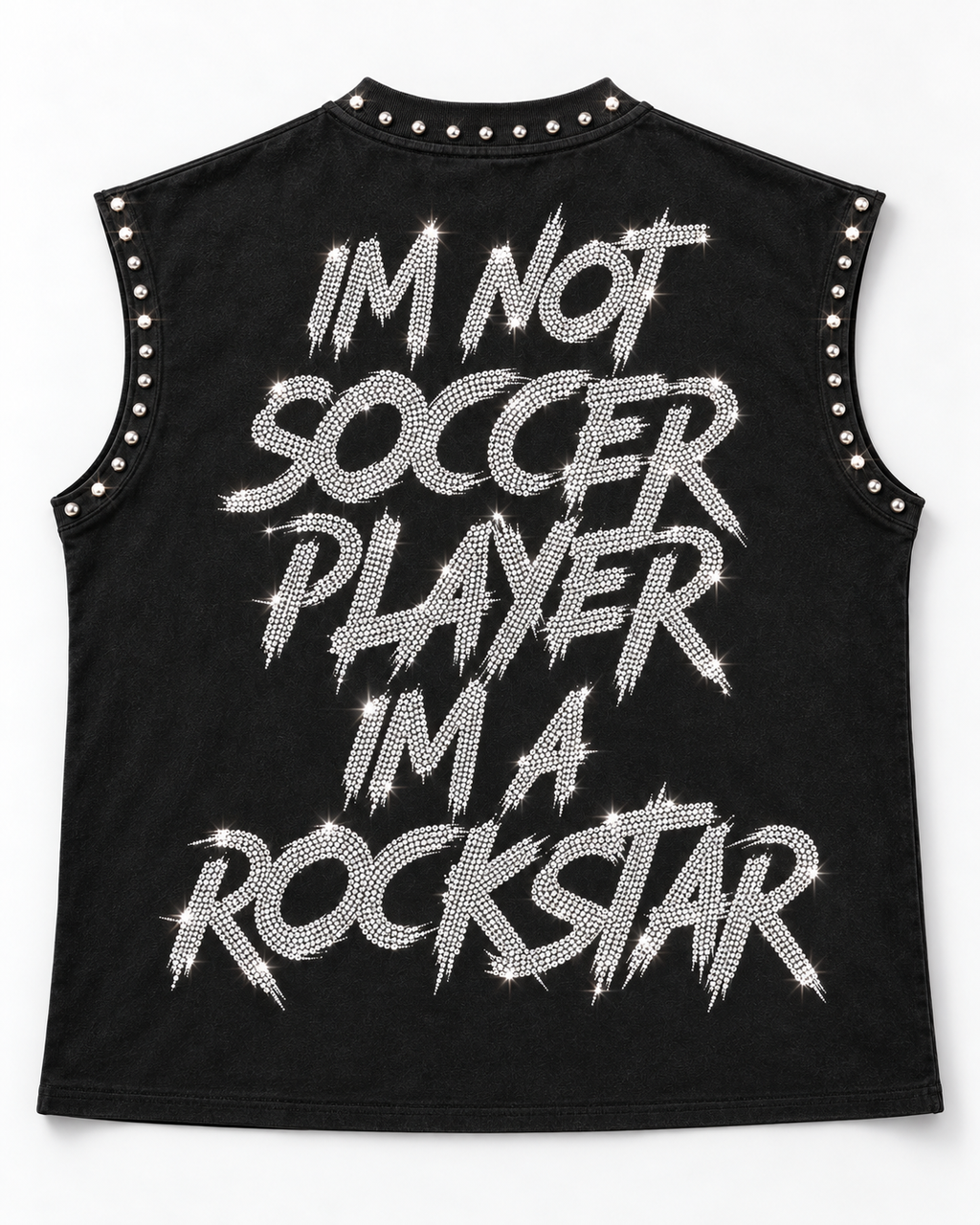 Dos du débardeur Rockstar à plat, inscription I'm not soccer player I'm a rockstar en strass – DIFFERENT Paris