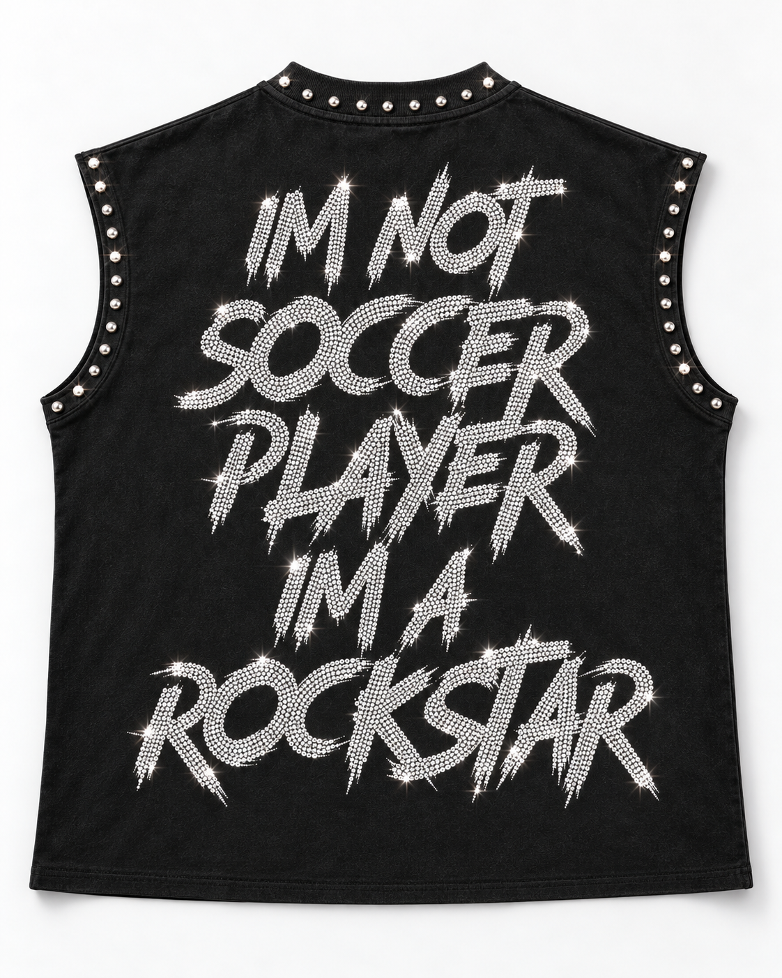 Dos du débardeur Rockstar à plat, inscription I'm not soccer player I'm a rockstar en strass – DIFFERENT Paris