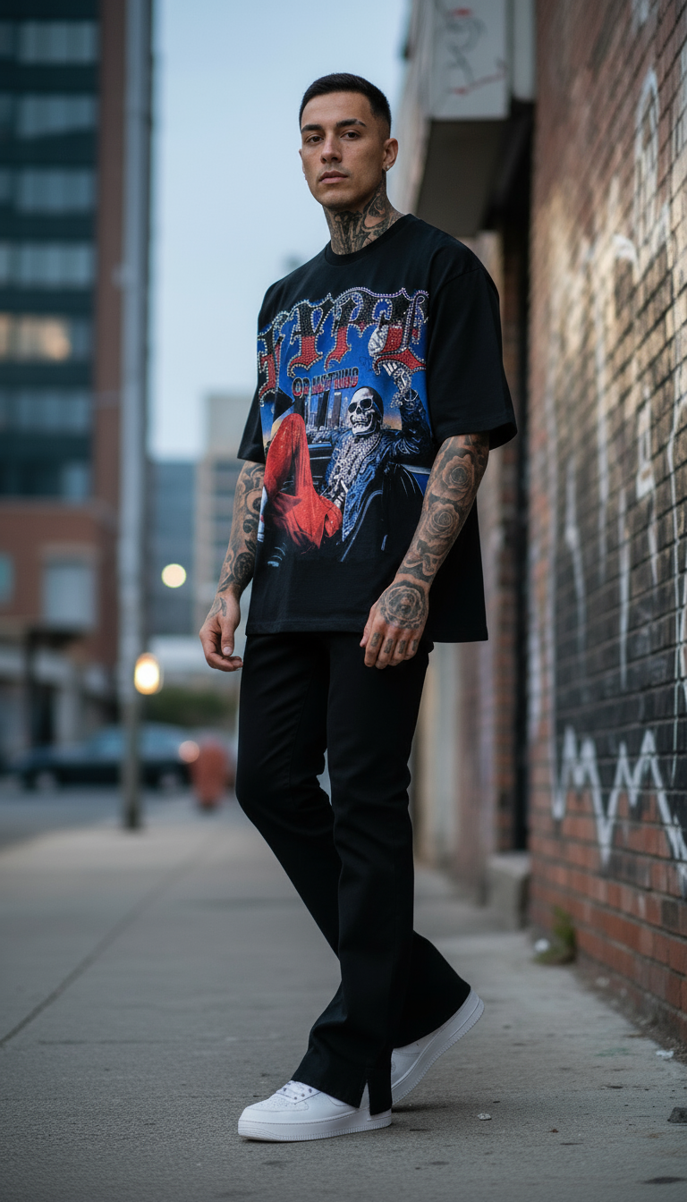 T-shirt Shiny Hype oversize noir porté avec un pantalon noir, look streetwear complet en ville – DIFFERENT Paris
