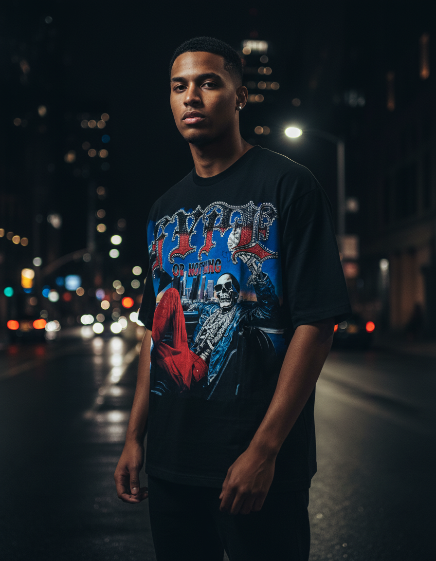 T-shirt Shiny Hype oversize noir porté par un homme dans une rue de nuit, lumières de la ville – DIFFERENT Paris