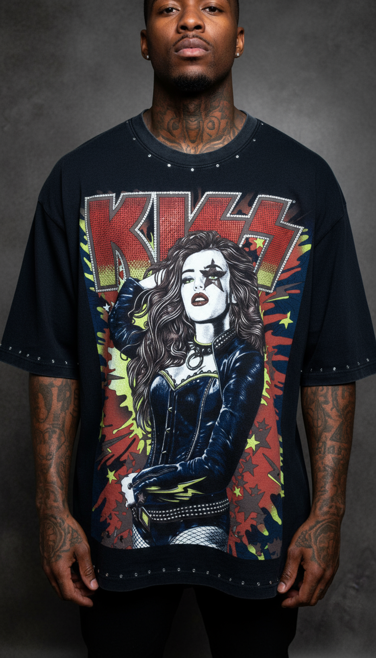 Gros plan de l'imprimé rock XXL du T-shirt Vintage Rockstar Kiss, rockstar et flammes rouges sur fond noir – DIFFERENT Paris
