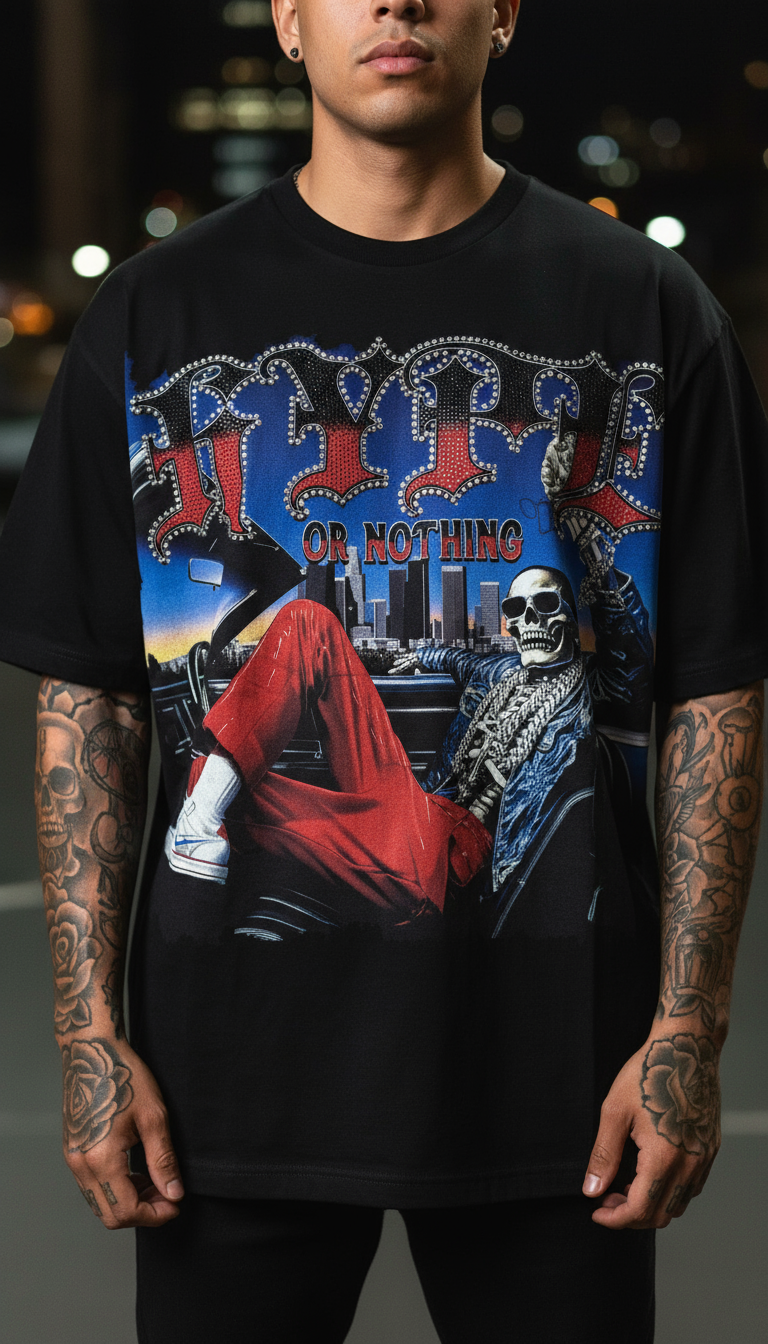 T-shirt Shiny Hype oversize noir, lettrage Hype Or Nothing en strass et visuel squelette, porté de nuit en ville – DIFFERENT Paris