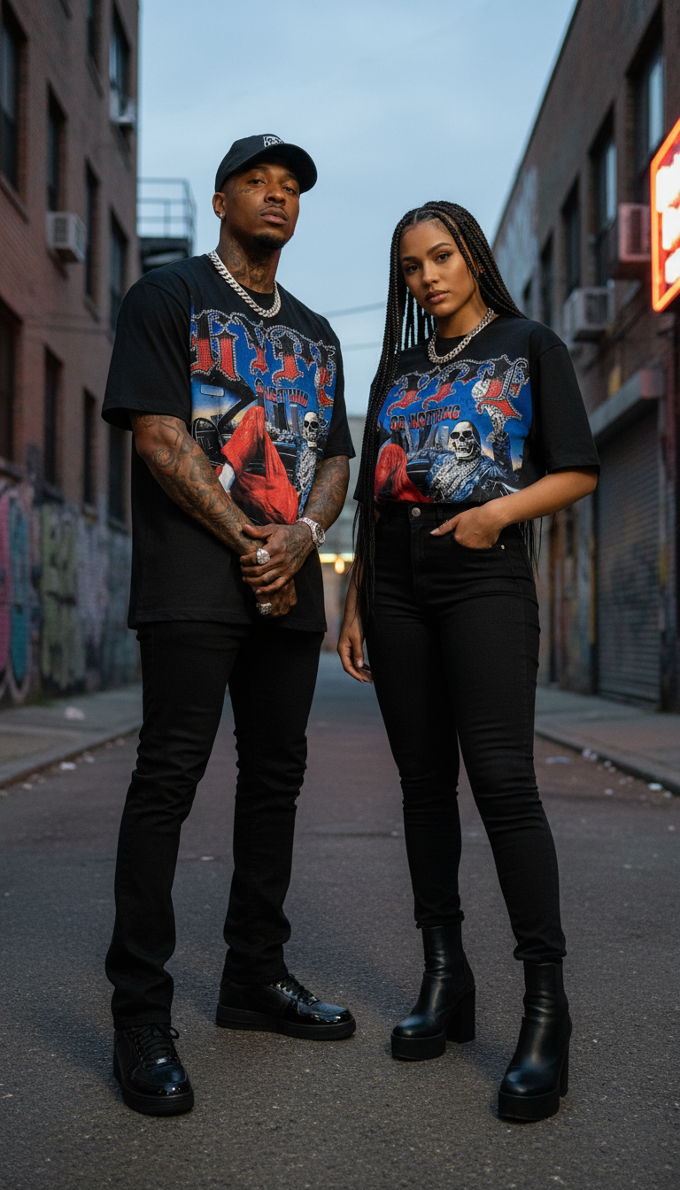 T-shirt Shiny Hype oversize noir unisexe, duo homme et femme dans une ruelle urbaine – DIFFERENT Paris