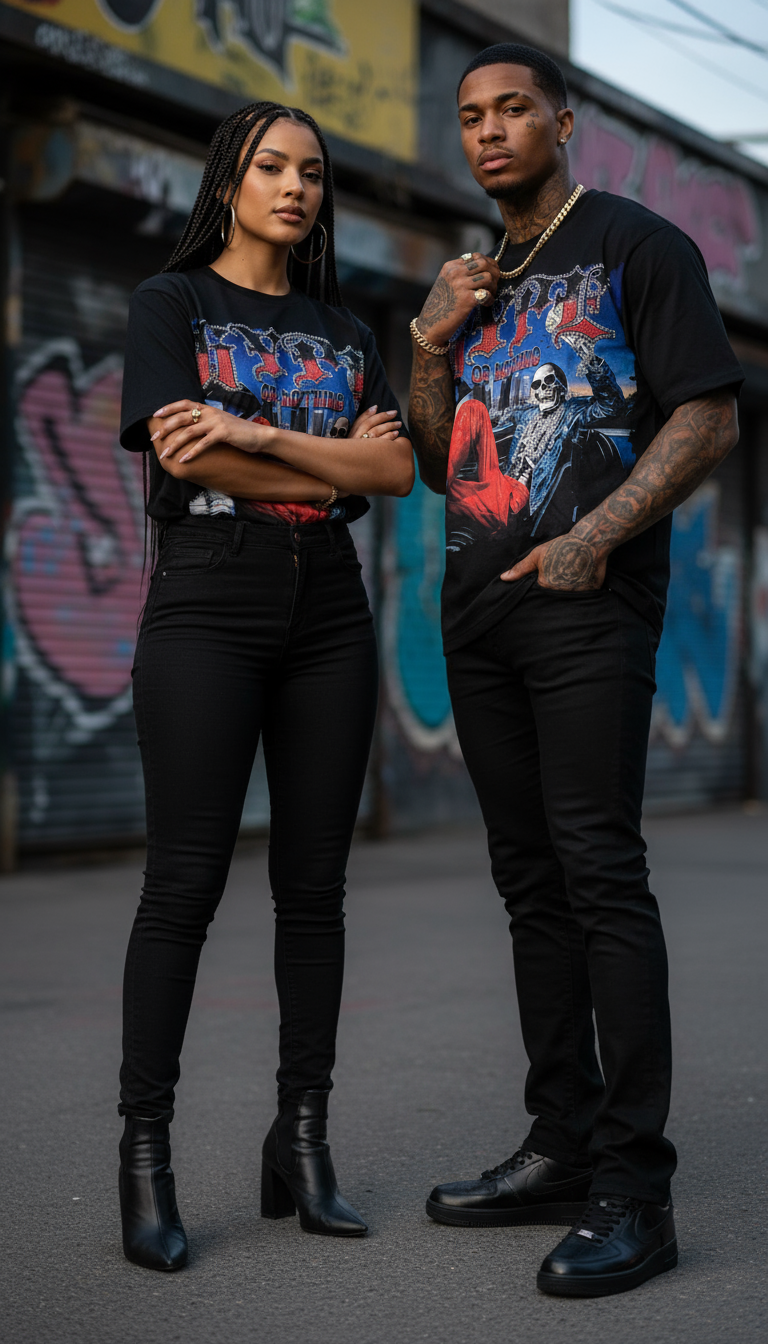 T-shirt Shiny Hype oversize noir porté par un homme et une femme devant un mur graffé – DIFFERENT Paris