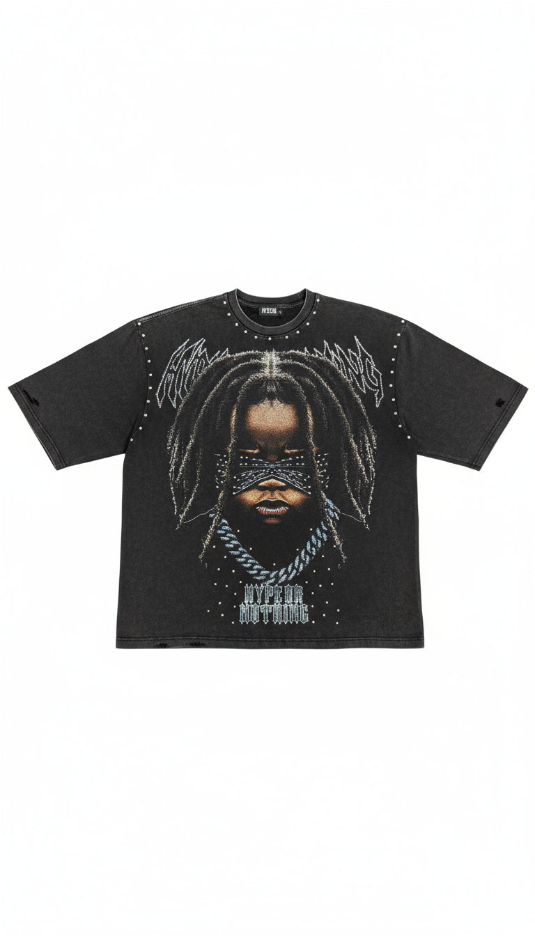 T-shirt Vintage Baby Hype oversize noir délavé à plat sur fond blanc, packshot – DIFFERENT Paris