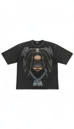 T-shirt Vintage Baby Hype oversize noir délavé à plat sur fond blanc, packshot – DIFFERENT Paris