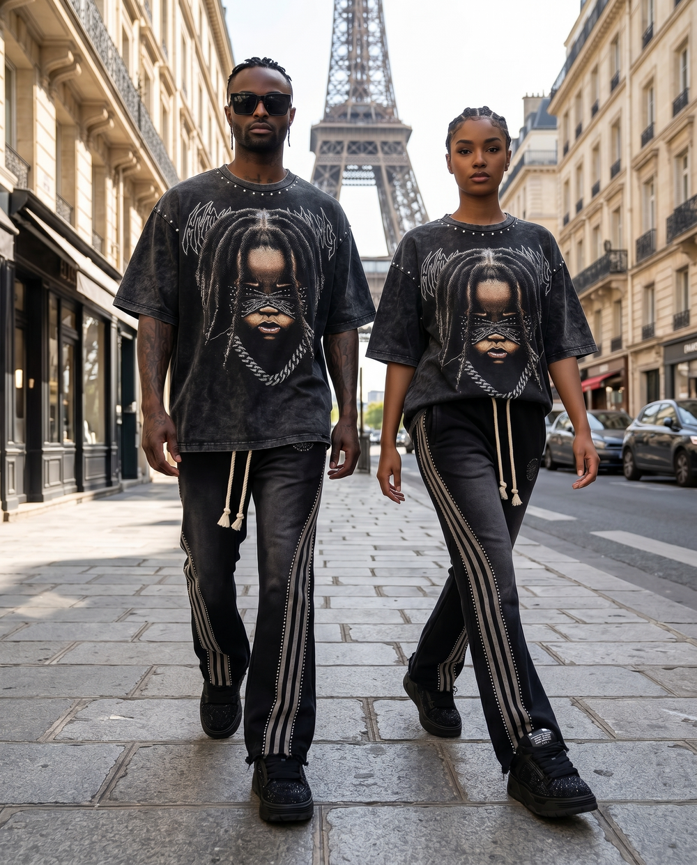 Deux personnes en t-shirt oversize vintage Baby Hype DIFFERENT dans une rue de Paris