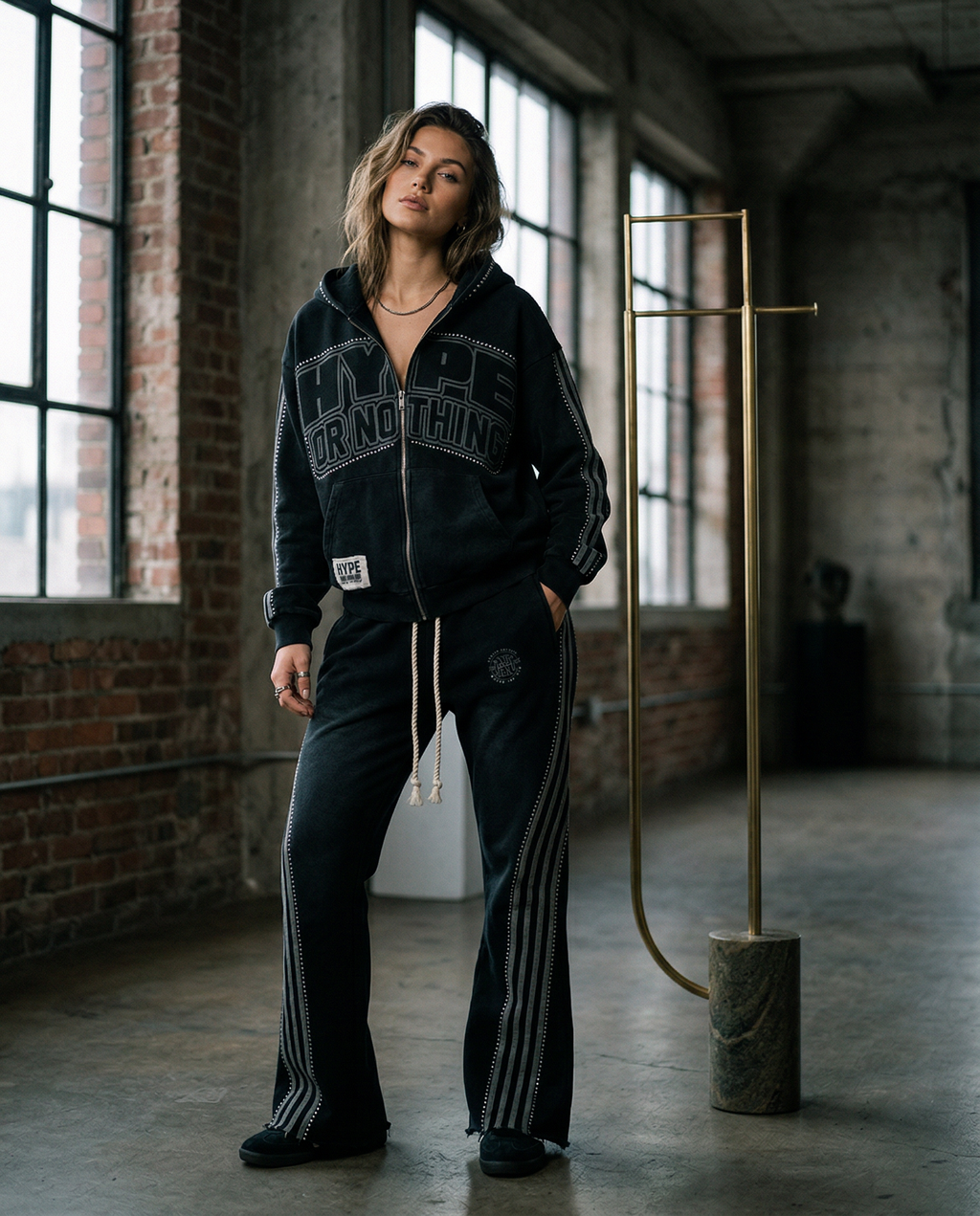Black HN jogging set worn by a woman in a brick workshop, rhinestone Hype Or Nothing sweatshirt and flared trousers – DIFFERENT Paris