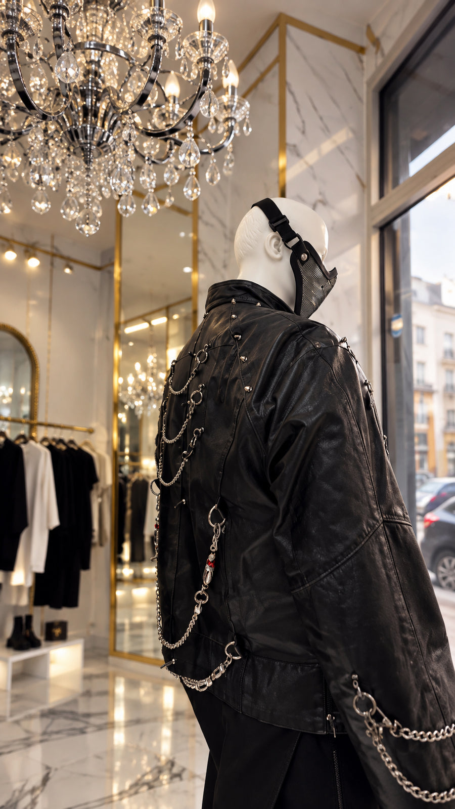 Leather jacket with chains and mask in the DIFFERENT window