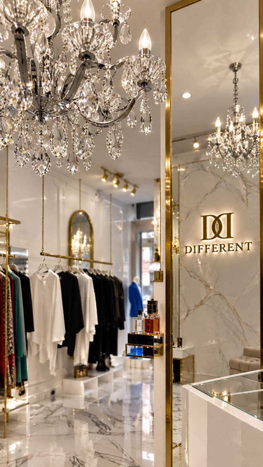 Inside the DIFFERENT store: crystal chandelier, marble and gold rails