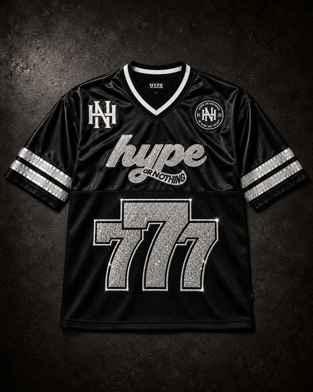Maillot Hype 777 noir en mesh, col V blanc et strass, packshot – DIFFERENT Paris