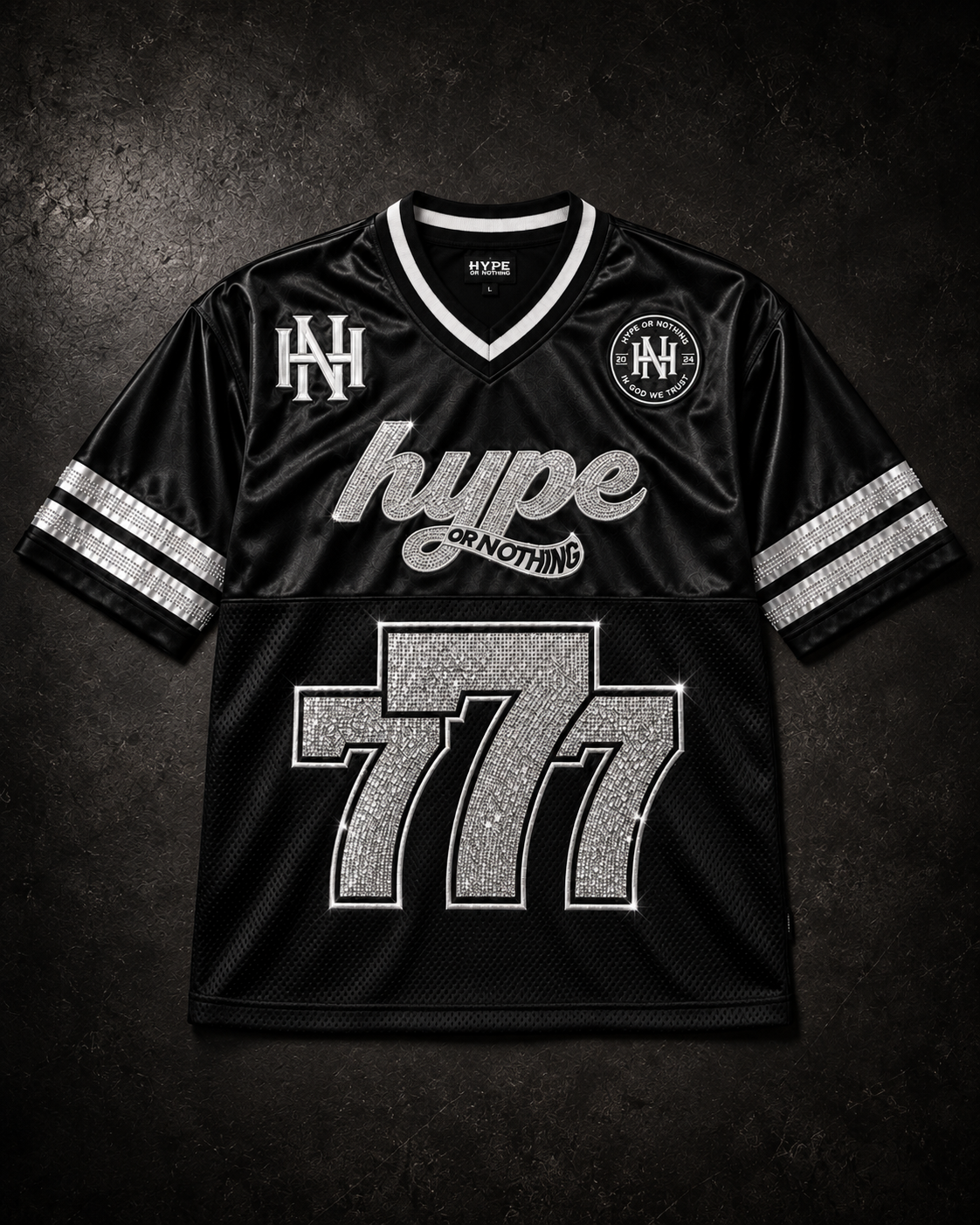 Maillot Hype 777 noir en mesh, col V blanc et strass, packshot – DIFFERENT Paris