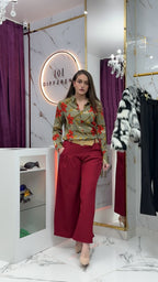 Pantalon femme plissé/évasé vert rouge - DIFFERENT